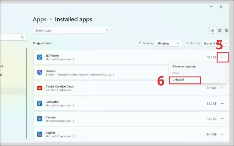 Chọn Uninstall để gỡ cài đặt phần mềm không sử dụng trên Windows11