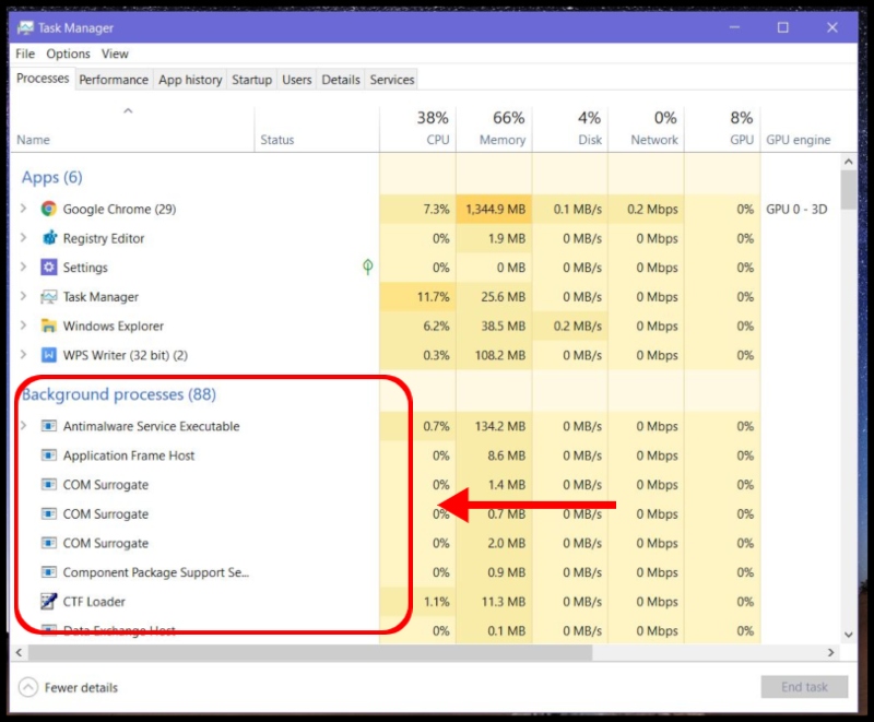 Chọn ứng dụng đang chạy ngầm rồi nhấn phím Delete để tắt