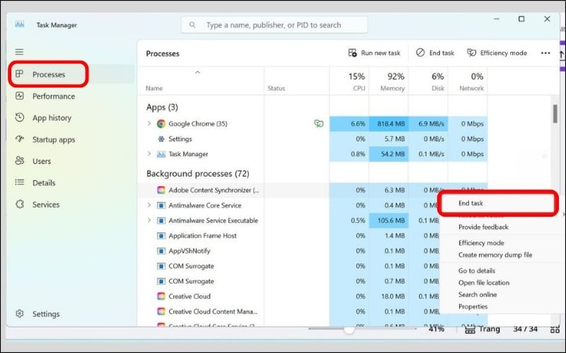 Click chuột phải vào ứng dụng muốn tắt rồi chọn End Task