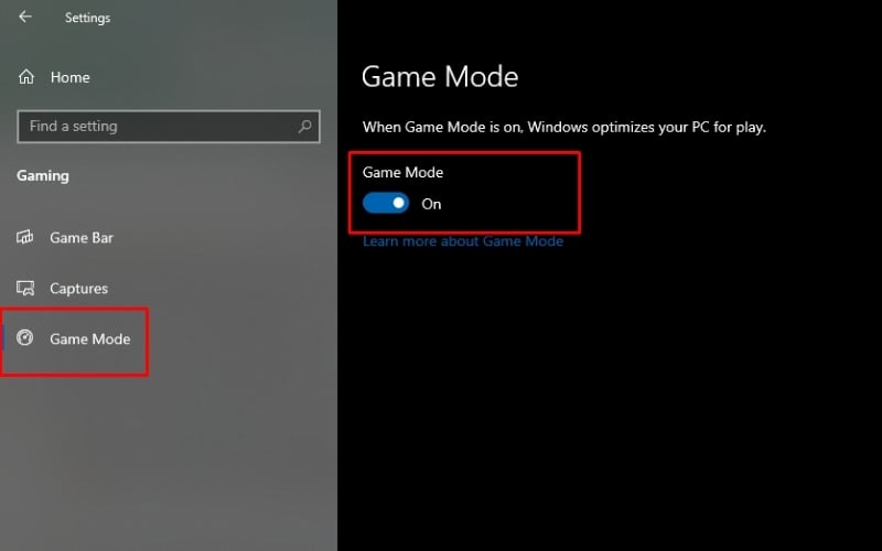 Gạt công tắc sang on trên giao diện Game Mode