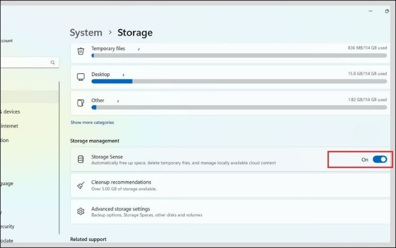 Gạt nút bật Storage Sense
