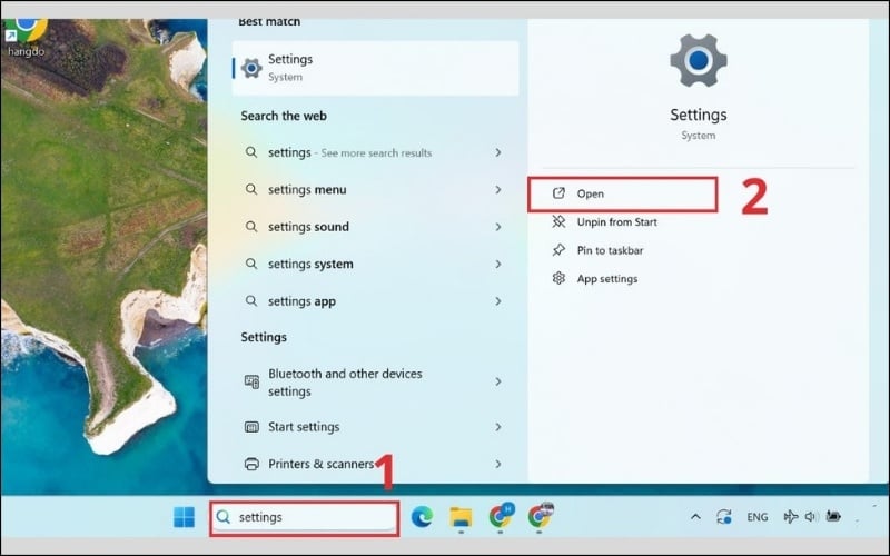 Mở cửa sổ Settings