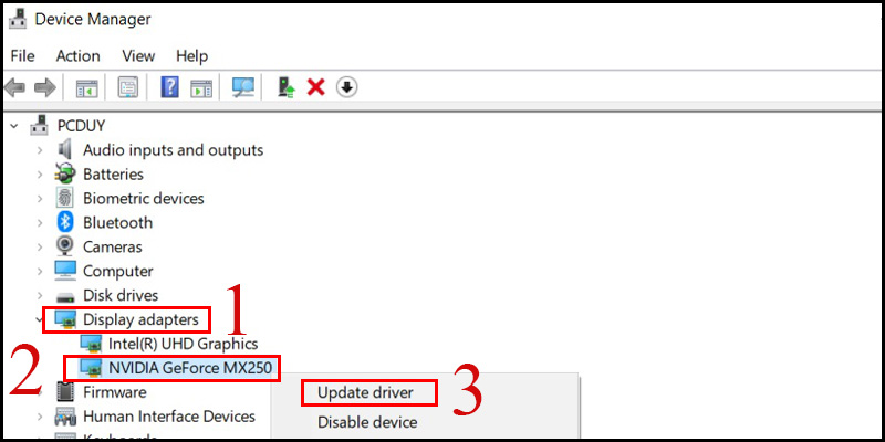 Nhấn chuột phải vào NVIDIA chọn Update Driver