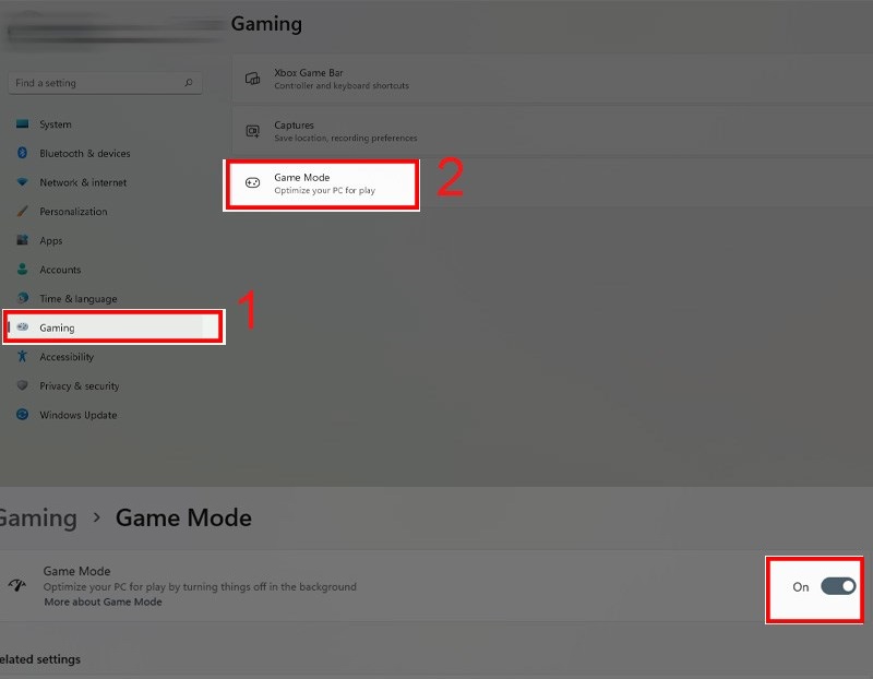Tìm Game Mode và mở thanh trượt sang phải là hoàn tất cách tăng FPS game PC