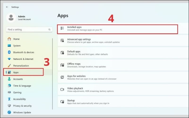 Truy cập mục Apps và chọn Installed Apps