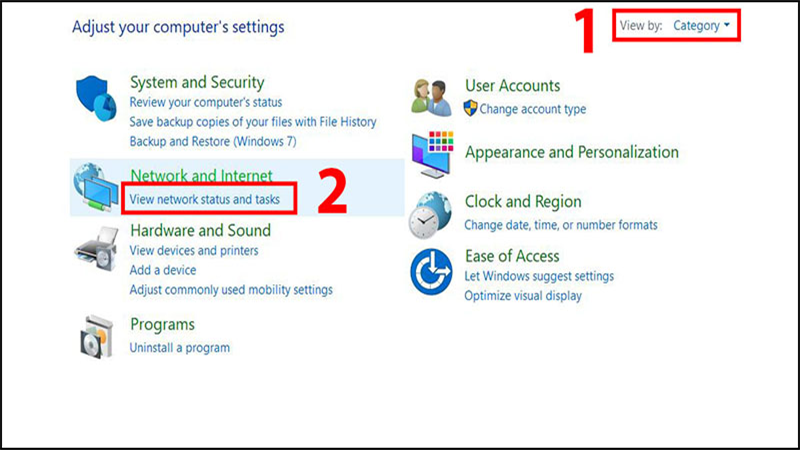 Tùy chọn Category và nhấn vào View network status and tasks