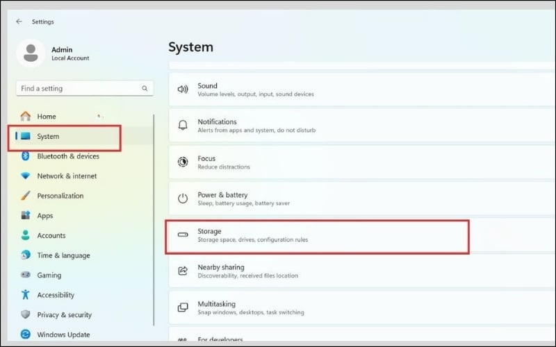 Vào Settings chọn System và chọn tiếp Storage